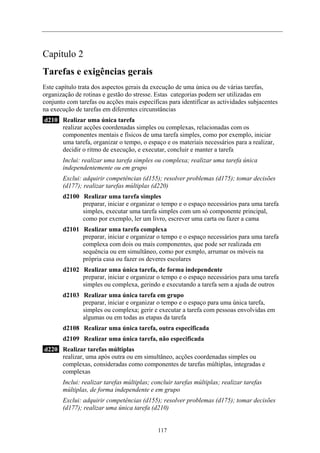 Capítulo 2
Tarefas e exigências gerais
Este capítulo trata dos aspectos gerais da execução de uma única ou de várias tarefas,
organização de rotinas e gestão do stresse. Estas categorias podem ser utilizadas em
conjunto com tarefas ou acções mais específicas para identificar as actividades subjacentes
na execução de tarefas em diferentes circunstâncias
d210 Realizar uma única tarefa
realizar acções coordenadas simples ou complexas, relacionadas com os
componentes mentais e físicos de uma tarefa simples, como por exemplo, iniciar
uma tarefa, organizar o tempo, o espaço e os materiais necessários para a realizar,
decidir o ritmo de execução, e executar, concluir e manter a tarefa
Inclui: realizar uma tarefa simples ou complexa; realizar uma tarefa única
independentemente ou em grupo
Exclui: adquirir competências (d155); resolver problemas (d175); tomar decisões
(d177); realizar tarefas múltiplas (d220)
d2100 Realizar uma tarefa simples
preparar, iniciar e organizar o tempo e o espaço necessários para uma tarefa
simples, executar uma tarefa simples com um só componente principal,
como por exemplo, ler um livro, escrever uma carta ou fazer a cama
d2101 Realizar uma tarefa complexa
preparar, iniciar e organizar o tempo e o espaço necessários para uma tarefa
complexa com dois ou mais componentes, que pode ser realizada em
sequência ou em simultâneo, como por exmplo, arrumar os móveis na
própria casa ou fazer os deveres escolares
d2102 Realizar uma única tarefa, de forma independente
preparar, iniciar e organizar o tempo e o espaço necessários para uma tarefa
simples ou complexa, gerindo e executando a tarefa sem a ajuda de outros
d2103 Realizar uma única tarefa em grupo
preparar, iniciar e organizar o tempo e o espaço para uma única tarefa,
simples ou complexa; gerir e executar a tarefa com pessoas envolvidas em
algumas ou em todas as etapas da tarefa
d2108 Realizar uma única tarefa, outra especificada
d2109 Realizar uma única tarefa, não especificada
d220 Realizar tarefas múltiplas
realizar, uma após outra ou em simultâneo, acções coordenadas simples ou
complexas, consideradas como componentes de tarefas múltiplas, integradas e
complexas
Inclui: realizar tarefas múltiplas; concluir tarefas múltiplas; realizar tarefas
múltiplas, de forma independente e em grupo
Exclui: adquirir competências (d155); resolver problemas (d175); tomar decisões
(d177); realizar uma única tarefa (d210)
117
 