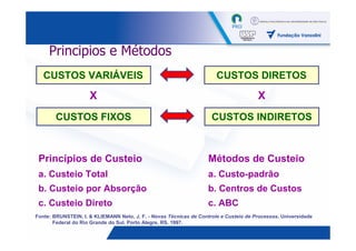Principios e Métodos
   CUSTOS VARIÁVEIS                                                    CUSTOS DIRETOS

                     X                                                                 X
        CUSTOS FIXOS                                                 CUSTOS INDIRETOS



 Princípios de Custeio                                              Métodos de Custeio
 a. Custeio Total                                                   a. Custo-padrão
 b. Custeio por Absorção                                            b. Centros de Custos
 c. Custeio Direto                                                  c. ABC
Fonte: BRUNSTEIN, I. & KLIEMANN Neto, J. F. - Novas Técnicas de Controle e Custeio de Processos. Universidade
       Federal do Rio Grande do Sul. Porto Alegre, RS. 1997.
                                                                                                       19
 