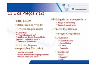 11 E os Preços ? (2)
                                          Pricing de um novo produto
    CRITÉRIOS
                                            * Preço de skimming
    Orientação por vendas                   * Preço de penetração

     Orientação por custos                 Preços Psicológicos
    * Custo total
    * “Cost plus mark-up“
                                             Preços Geográficos
    * Análise por Ponto de equilíbrio       Descontos
    ( custo x volume x lucro )
    * Taxa-alvo de retorno                    +Intermediários
                                              +Quantidades
      Orientação para                         + À vista
    competição ( Mercado )                    + Sazonais

     * análise marginal                     Promoções
     * Preço de mercado ou proporcional       “isca”
     * “Preço abaixo do custo”                “Ocasião”
                                              “Mix”
                                                                    35
 