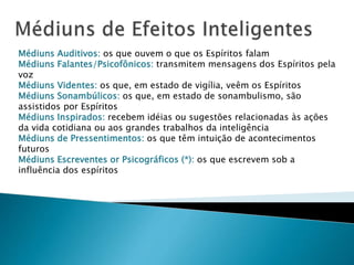 Médiuns Auditivos: os que ouvem o que os Espíritos falam
Médiuns Falantes/Psicofônicos: transmitem mensagens dos Espíritos pela
voz
Médiuns Videntes: os que, em estado de vigília, veêm os Espíritos
Médiuns Sonambúlicos: os que, em estado de sonambulismo, são
assistidos por Espíritos
Médiuns Inspirados: recebem idéias ou sugestões relacionadas às ações
da vida cotidiana ou aos grandes trabalhos da inteligência
Médiuns de Pressentimentos: os que têm intuição de acontecimentos
futuros
Médiuns Escreventes or Psicográficos (*): os que escrevem sob a
influência dos espíritos
 