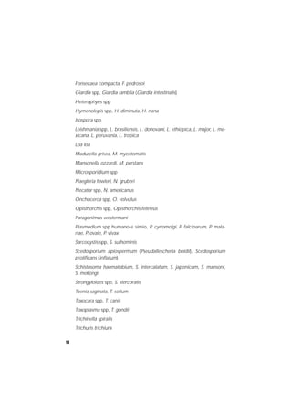 18
Fonsecaea compacta, F. pedrosoi
Giardia spp, Giardia lamblia (Giardia intestinalis)
Heterophyes spp
Hymenolepis spp, H. diminuta, H. nana
Isospora spp
Leishmania spp, L. brasiliensis, L. donovani, L. ethiopica, L. major, L. me-
xicana, L. peruvania, L. tropica
Loa loa
Madurella grisea, M. mycetomatis
Mansonella ozzardi, M. perstans
Microsporidium spp
Naegleria fowleri, N. gruberi
Necator spp, N. americanus
Onchocerca spp, O. volvulus
Opisthorchis spp, Opisthorchis felineus
Paragonimus westermani
Plasmodium spp humano e símio, P. cynomolgi, P. falciparum, P. mala-
riae, P. ovale, P. vivax
Sarcocystis spp, S. suihominis
Scedosporium apiospermum (Pseudallescheria boidii), Scedosporium
proliﬁcans (inﬂatum)
Schistosoma haematobium, S. intercalatum, S. japonicum, S. mansoni,
S. mekongi
Strongyloides spp, S. stercoralis
Taenia saginata, T. solium
Toxocara spp, T. canis
Toxoplasma spp, T. gondii
Trichinella spiralis
Trichuris trichiura
 