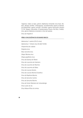 24
Togavirus, todos os tipos, gênero Alphavirus incluindo vírus Aurá, Be-
baru, Bosque Semliki, Chikungunya, encefalomielite eqüina ocidental,
encefalomielite eqüina oriental, encefalite eqüina Venezuela amostra
TC 83; Mayaro, Mucambo, O’nyong-nyong, Pixuna, Rio Ross, Sindbis,
Una, gênero Rubivirus incluindo o vírus da rubéola
Vírus da Hepatite E
VÍRUS ONCOGÊNICOS DE BAIXO RISCO
Adenovirus 1 aviário (CELO vírus)
Adenovirus 7- Simian virus 40 (Ad7-SV40)
Herpesvirus de cobaias
Polyoma vírus
Rous sarcoma vírus
Shope ﬁbroma vírus
Shope papilloma vírus
Vírus da Doença de Marek
Vírus da Leucemia de Hamsters
Vírus da Leucemia de Murinos
Vírus da Leucemia de Ratos
Vírus da Leucose Aviária
Vírus da Leucose Bovina Enzoótica
Vírus do Papiloma Bovino
Vírus do Sarcoma Canino
Vírus do Sarcoma Murino
Vírus do Tumor Mamário de Camundongo
Vírus Lucke de rãs
Vírus Mason-Pﬁzer de símios
 