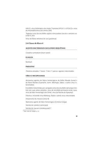 27
HIV-2), vírus linfotrópico da célula T humana (HTLV-1 e HTLV-2) e vírus
da imunodeﬁciência de símios (SIV)
Togavirus vírus da encefalite eqüina venezuelana (exceto a amostra va-
cinal TC-83)
Vírus da Raiva amostras de rua (Lyssavirus)
2.4 Classe de Risco 4
AGENTES BACTERIANOS INCLUINDO RIQUÉTSIAS
Cowdria ruminatium (heart water)
FUNGOS
Nenhum
PARASITAS
Theileria annulata, T. bovis, T. hirci, T. parva e agentes relacionados
VÍRUS E MICOPLASMAS
Arenavirus agentes de febres hemorrágicas do Velho Mundo (Lassa) e
do Novo Mundo (Guanarito, Junin, Machupo, Sabiá, e outros vírus re-
lacionados)
Encefalites transmitidas por carrapatos (vírus da encefalite da Europa Cen-
tral com suas várias amostras, vírus da encefalite primavera-verão russa,
vírus da febre hemorrágica de Omsk, vírus da ﬂoresta de Kyasanur)
Filovirus, incluindo vírus Marburg, Ebola e outros vírus relacionados
Herpesvirus do macaco (vírus B)
Nairovirus agente de febre hemorrágica (Criméia-Congo)
Varíola do camelo (camel-pox)
Varíola do macaco (monkey-pox)*/1
1
Vide nota de rodapé p. 23
 