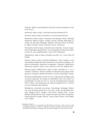 23
Sarampo, Nipah, vírus Respiratório Sincicial, exceto os listados na clas-
se de risco 4
Parvovirus, todos os tipos, incluindo Parvovirus humano B-19
Pestivirus, todos os tipos, incluindo os vírus da diarréia bovina
Phlebovirus, todos os tipos, incluindo vírus Alenquer, Ambé, Anhangá,
Ariquemes, Belterra, Bujarú, Candiru, Icoarací, Itaituba, Itaporanga, Ja-
cundá, Joa, Morumbi, Munguba, Nápoles, Oriximina, Pacuí, Serra Nor-
te, Tapará, Toscana, Turuna, Uriurana, Urucuri, Uukuvírus
Picornavirus, todos os tipos, incluindo vírus Coxsackie, vírus da conjun-
tivite hemorrágica aguda (AHC), vírus da Hepatite A (enterovírus huma-
no tipo 72), vírus da poliomielite, vírus ECHO, Rhinovirus
Polyomavirus, todos os tipos, incluindo vírus BK e JC, e vírus Símio 40
(SV40)
Poxvirus, todos os tipos, incluindo Buffalopox, Cotia, Cowpox e vírus
relacionados isolados de felinos domésticos e de animais selvagens, nó-
dulo do ordenhador, Molluscum contagiosum1
, Myxoma, Parapoxvirus,
Poxvirus de caprinos, suínos e aves, Vaccinia, vírus Orf, Yatapox Tana
Reovirus gênero Orthoreovirus, todos os tipos, incluindo os 1, 2 e 3,
Coltivirus, Orbivirus, Reovirus isolados na Amazônia dos grupos Chan-
guinola e Corriparta, Rotavirus humanos, vírus Ieri, Itupiranga e Tembé
Retrovirus (classificados na classe de risco 2 apenas para sorologia, para
as demais operações de manejo em laboratório estes vírus devem ser
considerados na classe de risco 3), vírus da imunodeficiência humana
HIV-1 e HIV-2, vírus linfotrópico da célula T do adulto HTLV-1 e HTLV-2
e vírus de primatas não-humanos
Rhabdovirus, incluindo vírus Aruac, Duvenhage, Inhangapi, Xibure-
ma, vírus da Raiva amostras de vírus fixo, Grupo da Estomatite Vesi-
cular (Alagoas VSV-3, Carajás, Cocal VSV-2, Indiana VSV-1, Juruna,
Marabá, Marabá VSV-4, Piry), Grupo Hart Park (Hart Park, Mosqueiro),
Grupo Mussuril (Cuiabá, Marco), Grupo Timbó (Chaco, Sena Madu-
reira, Timbó)
1
A Portaria n.º 485, de 11 de novembro de 2005 (DOU de 16/11/05 – seção 1), anexo I – Nor-
ma Regulamentadora n.º 32 (NR 32) “Segurança e Saúde no Trabalho em Serviços de Saúde”,
do Ministério do Trabalho e Emprego, lista este agente biológico em outra classe de risco.
 