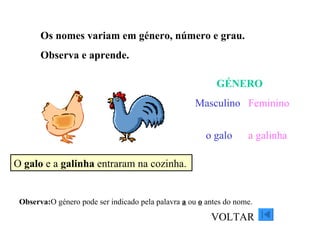 Os nomes variam em género, número e grau. Observa e aprende. O  galo  e a  galinha  entraram na cozinha. GÉNERO Masculino   Feminino   o   galo   a   galinha Observa: O género pode ser indicado pela palavra  a  ou  o  antes do nome. VOLTAR 