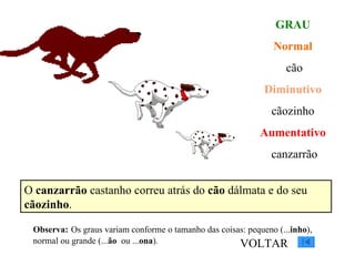 GRAU Normal cão Diminutivo cãozinho Aumentativo canzarrão O  canzarrão  castanho correu atrás do  cão  dálmata e do seu  cãozinho . Observa:   Os graus variam conforme o tamanho das coisas: pequeno (... inho ), normal ou grande (... ão   ou ... ona ). VOLTAR 