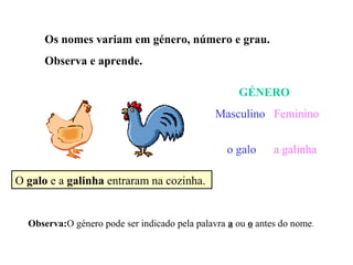 Os nomes variam em género, número e grau.
      Observa e aprende.

                                                    GÉNERO
                                               Masculino Feminino


                                                  o galo     a galinha

O galo e a galinha entraram na cozinha.


  Observa:O género pode ser indicado pela palavra a ou o antes do nome.
 