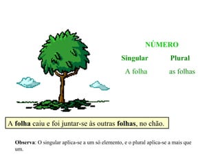 NÚMERO
                                                 Singular              Plural
                                                   A folha             as folhas




A folha caiu e foi juntar-se às outras folhas, no chão.

  Observa: O singular aplica-se a um só elemento, e o plural aplica-se a mais que
  um.
 