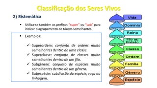 2) Sistemática
▪ Utiliza-se também os prefixos “super” ou “sub” para
indicar o agrupamento de táxons semelhantes.
▪ Exemplos:
✓ Superordem: conjunto de ordens muito
semelhantes dentro de uma classe.
✓ Superclasse: conjunto de classes muito
semelhantes dentro de um filo.
✓ Subgênero: conjunto de espécies muito
semelhantes dentro de um gênero.
✓ Subespécie: subdivisão da espécie, raça ou
linhagem.
Classificação dos Seres Vivos
 