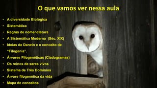 O que vamos ver nessa aula
• A diversidade Biológica
• Sistemática
• Regras de nomenclatura
• A Sistemática Moderna (Séc. XIX)
• Ideias de Darwin e o conceito de
“Filogenia”.
• Árvores Filogenéticas (Cladogramas)
• Os reinos de seres vivos
• Sistema de Três Domínios
• Árvore filogenética da vida
• Mapa de conceitos
 