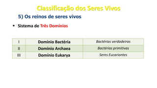 5) Os reinos de seres vivos
▪ Sistema de Três Domínios
I Domínio Bactéria Bactérias verdadeiras
II Domínio Archaea Bactérias primitivas
III Domínio Eukarya Seres Eucariontes
Classificação dos Seres Vivos
 