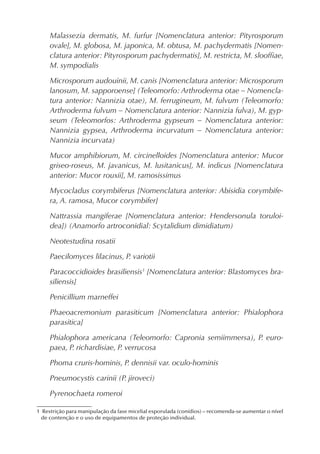 Malassezia dermatis, M. furfur [Nomenclatura anterior: Pityrosporum
     ovale], M. globosa, M. japonica, M. obtusa, M. pachydermatis [Nomen-
     clatura anterior: Pityrosporum pachydermatis], M. restricta, M. sloofﬁae,
     M. sympodialis

     Microsporum audouinii, M. canis [Nomenclatura anterior: Microsporum
     lanosum, M. sapporoense] (Teleomorfo: Arthroderma otae – Nomencla-
     tura anterior: Nannizia otae), M. ferrugineum, M. fulvum (Teleomorfo:
     Arthroderma fulvum – Nomenclatura anterior: Nannizia fulva), M. gyp-
     seum (Teleomorfos: Arthroderma gypseum – Nomenclatura anterior:
     Nannizia gypsea, Arthroderma incurvatum – Nomenclatura anterior:
     Nannizia incurvata)

     Mucor amphibiorum, M. circinelloides [Nomenclatura anterior: Mucor
     griseo-roseus, M. javanicus, M. lusitanicus], M. indicus [Nomenclatura
     anterior: Mucor rouxii], M. ramosissimus

     Mycocladus corymbiferus [Nomenclatura anterior: Abisidia corymbife-
     ra, A. ramosa, Mucor corymbifer]

     Nattrassia mangiferae [Nomenclatura anterior: Hendersonula toruloi-
     dea]) (Anamorfo artroconidial: Scytalidium dimidiatum)

     Neotestudina rosatii

     Paecilomyces lilacinus, P. variotii

     Paracoccidioides brasiliensis1 [Nomenclatura anterior: Blastomyces bra-
     siliensis]

     Penicillium marneffei

     Phaeoacremonium parasiticum [Nomenclatura anterior: Phialophora
     parasitica]

     Phialophora americana (Teleomorfo: Capronia semiimmersa), P. euro-
     paea, P. richardisiae, P. verrucosa

     Phoma cruris-hominis, P. dennisii var. oculo-hominis

     Pneumocystis carinii (P. jiroveci)

     Pyrenochaeta romeroi

1 Restrição para manipulação da fase micelial esporulada (conídios) – recomenda-se aumentar o nível
  de contenção e o uso de equipamentos de proteção individual.
 