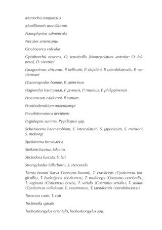 Metorchis conjunctus

Moniliformis moniliformis

Nanophyetus salminicola

Necator americanus

Onchocerca volvulus

Opisthorchis noverca, O. tenuicollis [Nomenclatura anterior: O. feli-
neus], O. viverrini

Paragonimus africanus, P. kellicotti, P. skrjabini, P. uterobilateralis, P. we-
stermani

Phaneropsolus bonnie, P. spinicirrus

Plagiorchis harinasutai, P. javensis, P. murinus, P. philippinensis

Procerovum calderoni, P. varium

Prosthodendrium molenkampi

Pseudoterranova decipiens

Pygidiopsis summa, Pygidiopsis spp.

Schistosoma haematobium, S. intercalatum, S. japonicum, S. mansoni,
S. mekongi

Spelotrema brevicaeca

Stellantchasmus falcatus

Stictodora fuscata, S. lari

Strongyloides füllerborni, S. stercoralis

Taenia brauni (larva Coenurus brauni), T. crassiceps (Cysticercus lon-
gicollis), T. hydatigena (cisticerco), T. multiceps (Coenurus cerebralis),
T. saginata (Cisticercus bovis), T. serialis (Coenurus serialis), T. solium
(Cysticercus cellulosae, C. racemosus), T. taeniformis (estrobilocerco)

Toxocara canis, T. cati

Trichinella spiralis

Trichostrongylus orientalis,Trichostrongylus spp.
 