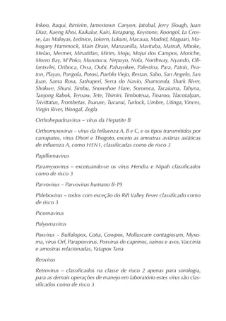 Inkoo, Itaqui, Itimirim, Jamestown Canyon, Jatobal, Jerry Slough, Juan
Diaz, Kaeng Khoi, Kaikalur, Kairi, Ketapang, Keystone, Koongol, La Cros-
se, Las Maloyas, Lednice, Lokern, Lukuni, Macaua, Madrid, Maguari, Ma-
hogany Hammock, Main Drain, Manzanilla, Marituba, Matruh, Mboke,
Melao, Mermet, Minatitlan, Mirim, Moju, Mojui dos Campos, Moriche,
Morro Bay, M’Poko, Murutucu, Nepuyo, Nola, Northway, Nyando, Oli-
fantsvlei, Oriboca, Ossa, Oubi, Pahayokee, Palestina, Para, Patois, Pea-
ton, Playas, Pongola, Potosi, Pueblo Viejo, Restan, Sabo, San Angelo, San
Juan, Santa Rosa, Sathuperi, Serra do Navio, Shamonda, Shark River,
Shokwe, Shuni, Simbu, Snowshoe Hare, Sororoca, Tacaiuma, Tahyna,
Tanjong Rabok, Tensaw, Tete, Thimiri, Timboteua, Tinaroo, Tlacotalpan,
Trivittatus, Trombetas, Tsuruse, Tucurui, Turlock, Umbre, Utinga, Vinces,
Virgin River, Wongal, Zegla

Orthohepadnavirus – vírus da Hepatite B

Orthomyxovirus – vírus da Inﬂuenza A, B e C, e os tipos transmitidos por
carrapatos, vírus Dhori e Thogoto, exceto as amostras aviárias asiáticas
de inﬂuenza A, como H5N1, classiﬁcadas como de risco 3

Papillomavirus

Paramyxovirus – excetuando-se os vírus Hendra e Nipah classiﬁcados
como de risco 3

Parvovirus – Parvovirus humano B-19

Phlebovirus – todos com exceção do Rift Valley Fever classiﬁcado como
de risco 3

Picornavirus

Polyomavirus

Poxvirus – Buffalopox, Cotia, Cowpox, Molluscum contagiosum, Myxo-
ma, vírus Orf, Parapoxvirus, Poxvirus de caprinos, suínos e aves, Vaccinia
e amostras relacionadas, Yatapox Tana

Reovirus

Retrovirus – classiﬁcados na classe de risco 2 apenas para sorologia,
para as demais operações de manejo em laboratório estes vírus são clas-
siﬁcados como de risco 3
 