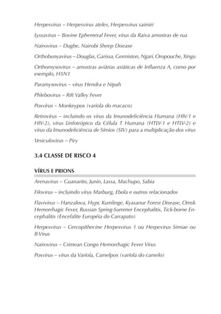 Herpesvirus – Herpesvirus ateles, Herpesvirus saimiri

Lyssavirus – Bovine Ephemeral Fever, vírus da Raiva amostras de rua

Nairovirus – Dugbe, Nairobi Sheep Disease

Orthobunyavirus – Douglas, Garissa, Germiston, Ngari, Oropouche, Xingu

Orthomyxovirus – amostras aviárias asiáticas de Inﬂuenza A, como por
exemplo, H5N1

Paramyxovirus – vírus Hendra e Nipah

Phlebovirus – Rift Valley Fever

Poxvírus – Monkeypox (varíola do macaco)

Retrovírus – incluindo os vírus da Imunodeﬁciência Humana (HIV-1 e
HIV-2), vírus Linfotrópico da Célula T Humana (HTLV-1 e HTLV-2) e
vírus da Imunodeﬁciência de Símios (SIV) para a multiplicação dos vírus

Vesiculovirus – Piry

3.4 CLASSE DE RISCO 4

VÍRUS E PRIONS

Arenavirus – Guanarito, Junin, Lassa, Machupo, Sabia

Filovirus – incluindo vírus Marburg, Ebola e outros relacionados

Flavivirus – Hanzalova, Hypr, Kumlinge, Kyasanur Forest Disease, Omsk
Hemorrhagic Fever, Russian Spring-Summer Encephalitis, Tick-borne En-
cephalitis (Encefalite Européia do Carrapato)

Herpesvirus – Cercopithecine Herpesvirus 1 ou Herpevirus Simiae ou
B-Virus

Nairovirus – Crimean Congo Hemorrhagic Fever Vírus

Poxvirus – vírus da Varíola, Camelpox (varíola do camelo)
 