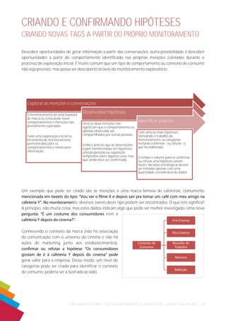 COMO CRIAR CATEGORIAS E TAGS NO MONITORAMENTO DE MÍDIAS SOCIAIS | ©|2014 SOCIAL FIGURES | 10 
Explorar as menções e conversações 
O monitoramento de uma keyword 
de marca ou tema pode trazer 
comportamentos e menções não 
previamente esperadas. 
Fazer uma exploração inicial na 
ferramenta de monitoramento 
permitirá descobrir os 
comportamentos e temas para 
observação. 
Desenvolver hipóteses 
Uma ou duas menções não 
significam que o comportamento ou 
opinião observada são 
compartilhados por outras pessoas. 
Então é preciso que as observações 
sejam transformadas em hipóteses: 
uma proposição ou suposição 
temporária sobre alguma coisa, mas 
que ainda deve ser confirmada. 
Identificar padrões 
Com uma ou mais hipóteses 
norteando o trabalho de 
monitoramento, as categorias 
tentarão confirmar - ou refutar - o 
que foi elaborado. 
O tempo e volume para se confirmar 
ou refutar uma hipótese variam 
muito: decisões estratégicas devem 
ser tomadas apenas com uma 
quantidade considerável de dados. 
CRIANDO E CONFIRMANDO HIPÓTESES CRIANDO NOVAS TAGS A PARTIR DO PRÓPRIO MONITORAMENTO 
Descobrir oportunidades de gerar informação a partir das conversações: outra possibilidade é descobrir oportunidades a partir do comportamento identificado nas próprias menções coletadas durante o processo de exploração inicial. É muito comum que um tipo de comportamento ou contexto de consumo não seja previsto, mas possa ser descoberto através do monitoramento exploratório. 
Um exemplo que pode ser citado são as menções a uma marca famosa de cafeterias, comumente to, diversos tweets deste tipo podem ser encontrados. O que isto significa? A princípio, não muita coisa, mas estes dados indicam algo que pode ser melhor investigado. Uma nova irem à 
Conhecendo o contexto da marca (não há associação da comunicação com o universo do cinema e não há ações de marketing junto aos estabelecimentos), gerar valor para a empresa. Desse modo, um nível de categorias pode ser criada para identificar o contexto de consumo, poderia ser a ilustrada ao lado. 
 