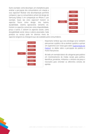 COMO CRIAR CATEGORIAS E TAGS NO MONITORAMENTO DE MÍDIAS SOCIAIS | ©|2014 SOCIAL FIGURES | 7 
Outro exemplo: como decompor um smartphone para 
analisar a percepção dos consumidores em relação a 
seus aspectos? Realizar esta decomposição permitirá 
comparar o que os consumidores acham do design do 
Samsung Galaxy 5 em comparação ao iPhone 5, por 
exemplo. Quais são estes aspectos? Existem os 
aspectos físicos como design, tela, bateria, 
durabilidade, sistema operacional, tamanho etc. 
Existem os aspectos comerciais como disponibilidade, 
preço e outros. E existem os aspectos sociais, como 
desejabilidade social, status e valores associados. Cada 
produto ou serviço pode ter diversos níveis de 
aspectos tangíveis ou intangíveis que são avaliados pelos consumidores. 
Importante lembrar que esta estratégia serve também 
para pensar o público. Ao se analisar o público e pensar 
em segmentos (ver nosso guia sobre Segmentação de 
Público), os dados sobre a percepção do público é 
muito mais precisa. 
Ao lado um exemplo básico de categorias para público 
em monitoramento de mídias sociais para política. 
Identificar jornalistas, militantes e eleitores da praça é 
necessário para entender os diferentes estratos de 
opinião. 
 