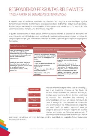 COMO CRIAR CATEGORIAS E TAGS NO MONITORAMENTO DE MÍDIAS SOCIAIS | ©|2014 SOCIAL FIGURES | 8 
Expectativas do Cliente 
O que seu cliente precisa ou quer 
saber? Na etapa de briefing e 
planejamento do monitoramento tente 
perceber o que ele deseja saber para 
além do que está dizendo 
explicitamente. 
Lembre-se: seus cliente pode ser o 
cliente final (como um gerente de 
marketing da empresa) ou outro setor 
da sua agência/empresa: 
planejamento, criativos, venda, 
logística etc. 
Transformar em perguntas diretas 
Transforme as dúvidas que percebeu 
em perguntas diretas. Assim será fácil 
checar e ficar na mesma página do 
cliente. 
Por exemplo: 
- "O que faz meus consumidores não 
confiarem neste método de 
pagamento?" 
- "Por que meu suco detox não está 
sendo bem recebido?" 
- "O candidato é visto como 
'realizador'?" 
Tags que respondem as 
perguntas 
Por fim, pense em como responder as 
perguntas desenvolvidas na etapa 
anterior. 
Imagine que é uma pergunta de 
múltiplas alternativas. As tags serão as 
"alternativas" de respostas àquelas 
perguntas, como o exemplo abaixo 
para a terceira pergunta ao lado: 
- Menção a Obra Realizada | Menção a 
Obra em Atraso | Menção a Evento de 
Inauguração 
RESPONDENDO PERGUNTAS RELEVANTES TAGS A PARTIR DE DEMANDAS DE INFORMAÇÃO 
A segunda tática é transformar a demanda de informação em categorias esta abordagem significa transformar as demandas de informações percebidas nas etapas de briefing e traduzi-las em perguntas. Aqui se deve pensar o seguinte: que categorias são úteis para que eu consiga responder, depois de certo volume de dados ou menções, uma determinada pergunta? 
O quadro abaixo resume as etapas básicas. Primeiro é preciso entender as Expectativas do Cliente, em uma relação de cumplicidade para que o analista de monitoramento possa desenvolver um plano de categorias preciso, que gere informações acionáveis de modo organizado, para responder as perguntas formuladas. 
Para dar um bom exemplo, vamos falar do shopping X, que é um tradicional shopping de São Paulo. Há décadas esteve associado aos conceitos de tradição, família e conservadorismo. Porém, devido a tendências de mercado, está ajustando seu marketing e comunicação para envolver um público mais jovem, da classe C emergente. Uma demanda de informação seria: a comunicação nas mídias sociais está engajando este novo perfil de público desejado? Aqui as categorias aplicáveis às menções ou perfis dos usuários estariam associadas a sua faixa etária, por exemplo. É possível adicionar faixas de idade aparente para marcar as menções e usuários e, ao longo do tempo, medir a quantidade de engajados frequentadores nas mídias sociais da marca. 
 