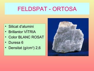 FELDSPAT - ORTOSA

•   Silicat d’alumini
•   Brillantor VÍTRIA
•   Color BLANC ROSAT
•   Duresa 6
•   Densitat (g/cm3) 2,6
 