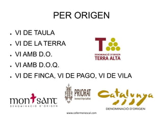 www.cellermenescal.com
PER ORIGEN
● VI DE TAULA
● VI DE LA TERRA
● VI AMB D.O.
● VI AMB D.O.Q.
● VI DE FINCA, VI DE PAGO, VI DE VILA
 