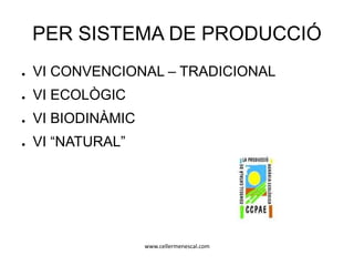 www.cellermenescal.com
PER SISTEMA DE PRODUCCIÓ
● VI CONVENCIONAL – TRADICIONAL
● VI ECOLÒGIC
● VI BIODINÀMIC
● VI “NATURAL”
 