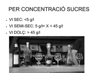 www.cellermenescal.com
PER CONCENTRACIÓ SUCRES
● VI SEC: <5 g/l
● VI SEMI-SEC: 5 g/l< X < 45 g/l
● VI DOLÇ: > 45 g/l
 