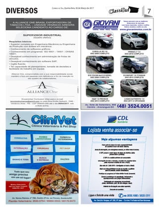 7Correio do Sul, Quinta-feira, 30 de Março de 2017
7DIVERSOS
 