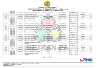 GOVERNO DO ESTADO DO PARÁ
SECRETARIA DE ESTADO DE SEGURANÇA PÚBLICA E DEFESA SOCIAL
DEPARTAMENTO DE TRÂNSITO DO ESTADO DO PARÁ
Página 342 de 1001
Av. Augusto Montenegro, Km 03, S/Nº, Mangueirão, CEP 66.640-000, Belém/PA
Telefones: (91) 3214-6303 / 3214-6229
www.detran.pa.gov.br
1040
20/03/2024
07:51:37.456
298939/2024 FRANCIANE RODRIGUES DE OLIVEIRA AMPLA CONCORRÊNCIA 1ª CNH - categoria AB
907*******2-00
Curralinho 120
2760
18/03/2024
22:42:17.376
257514/2024 FRANCIANE SOARES DA SILVA MULHER 1ª CNH - categoria AB
033*******2-98
Ananindeua 110
12733
19/03/2024
08:02:36.980
262867/2024 FRANCIANE TEIXEIRA DA SILVA AMPLA CONCORRÊNCIA 1ª CNH - categoria AB
023*******2-70
Moju 102
5750
18/03/2024
18:46:32.123
239777/2024 FRANCIANI DIAS COELHO MULHER 1ª CNH - categoria AB
007*******2-67
Barcarena 105
10
18/03/2024
00:20:32.173
164256/2024 FRANCIANI SILVA CARDOSO MULHER 1ª CNH - categoria AB
090*******2-03
Barcarena 120
7714
21/03/2024
16:50:46.162
331148/2024 FRANCIANY CANTANHEDE DE MOREIRA MULHER 1ª CNH - categoria AB
007*******2-62
Paragominas 105
16472
18/03/2024
17:37:39.091
235567/2024 FRANCICLEI SANTOS GONCALVES AMPLA CONCORRÊNCIA 1ª CNH - categoria AB
082*******2-80
Breu Branco 100
1987
18/03/2024
08:46:44.680
179646/2024 FRANCIDALVA GARCIA DE PAIVA MULHER 1ª CNH - categoria AB
829*******2-49
Goianésia Do Pará 110
1838
18/03/2024
00:20:14.953
164224/2024 FRANCIDALVA PINHEIRO DE OLIVEIRA MULHER 1ª CNH - categoria AB
019*******2-41
Barcarena 110
4669
18/03/2024
10:13:34.402
191120/2024 FRANCIDALVA PINHEIRO LIRA AMPLA CONCORRÊNCIA 1ª CNH - categoria AB
929*******2-34
Tucuruí 105
2285
18/03/2024
12:57:33.385
211652/2024 FRANCIEL ALVES TEIXEIRA AMPLA CONCORRÊNCIA 1ª CNH - categoria AB
889*******2-34
Baião 110
16420
18/03/2024
16:54:24.445
232874/2024 FRANCIEL DA CONCEICAO GOMES AMPLA CONCORRÊNCIA 1ª CNH - categoria AB
054*******2-21
Abaetetuba 100
17309
19/03/2024
14:02:05.608
279221/2024 FRANCIEL DE LIMA MORAES AMPLA CONCORRÊNCIA 1ª CNH - categoria AB
025*******2-97
Moju 100
14081
22/03/2024
09:05:19.779
337983/2024 FRANCIELE GONCALVES AMPLA CONCORRÊNCIA 1ª CNH - categoria AB
015*******2-30
Barcarena 102
7149
20/03/2024
12:17:01.513
306165/2024
FRANCIELENO BENEDITO DOS SANTOS
OLIVEIRA
AMPLA CONCORRÊNCIA 1ª CNH - categoria AB
704*******2-58
Cametá 105
5936
18/03/2024
20:24:46.889
247783/2024 FRANCIELI MORAES MARTINS AMPLA CONCORRÊNCIA 1ª CNH - categoria AB
016*******2-81
Abaetetuba 105
8194
23/03/2024
16:26:51.416
352551/2024 FRANCIELLE ALVES DE SOUSA MULHER 1ª CNH - categoria AB
095*******2-95
Barcarena 105
10029
18/03/2024
09:22:44.484
184294/2024 FRANCIELLE BARBOSA DA CRUZ MULHER 1ª CNH - categoria AB
030*******2-13
Moju 102
5052
18/03/2024
12:16:34.602
206865/2024 FRANCIELLEN BARBOSA RODRIGUES MULHER 1ª CNH - categoria AB
070*******2-09
Igarapé-miri 105
5180
18/03/2024
13:07:12.180
212786/2024
FRANCIELLY DO ESPIRITO SANTO
BARROSO
MULHER 1ª CNH - categoria AB
700*******2-64
Tucuruí 105
 