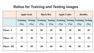 Ratios for Training and Testing images
Department of Computer Science HITEC University
40
Apple Scab Black Rot Apple Cedar Healthy
Training
(%)
Testing
(%)
Training
(%)
Testing
(%)
Training
(%)
Testing
(%)
Training
(%)
Testing
(%)
Phase - I 80 20 80 20 80 20 80 20
Phase - II 70 30 70 30 70 30 70 30
Phase - III 50 50 50 50 50 50 50 50
 