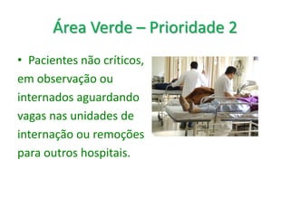 Área Verde – Prioridade 2
• Pacientes não críticos,
em observação ou
internados aguardando
vagas nas unidades de
internação ou remoções
para outros hospitais.
 