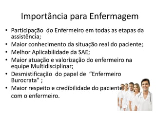 Importância para Enfermagem
• Participação do Enfermeiro em todas as etapas da
  assistência;
• Maior conhecimento da situação real do paciente;
• Melhor Aplicabilidade da SAE;
• Maior atuação e valorização do enfermeiro na
  equipe Multidisciplinar;
• Desmistificação do papel de “Enfermeiro
  Burocrata” ;
• Maior respeito e credibilidade do paciente
  com o enfermeiro.
 