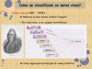 Carlos Lineu ( 1707 - 1778 )
      ► Manteve os dois reinos: Animal e Vegetal

      ► Em cada reino, criou grupos taxonómicos:




      ► Criou regras para atribuição do nome científico
                                                          4
 
