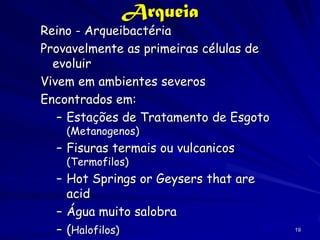 Arqueia
Reino - Arqueibactéria
Provavelmente as primeiras células de
  evoluir
Vivem em ambientes severos
Encontrados em:
   – Estações de Tratamento de Esgoto
    (Metanogenos)
  – Fisuras termais ou vulcanicos
    (Termofilos)
  – Hot Springs or Geysers that are
    acid
  – Água muito salobra
  – (Halofilos)                         19
 