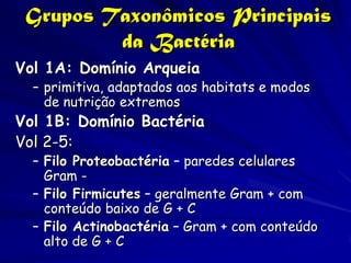Grupos Taxonômicos Principais
         da Bactéria
Vol 1A: Domínio Arqueia
  – primitiva, adaptados aos habitats e modos
    de nutrição extremos
Vol 1B: Domínio Bactéria
Vol 2-5:
  – Filo Proteobactéria – paredes celulares
    Gram -
  – Filo Firmicutes – geralmente Gram + com
    conteúdo baixo de G + C
  – Filo Actinobactéria – Gram + com conteúdo
    alto de G + C
 