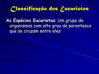 Classificação dos Eucariotos
As Espécies Eucariotas: Um grupo de
 organismos com alto grau de parentesco
 que se cruzam entre eles
 