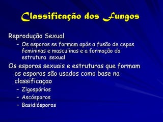 Classificação dos Fungos
Reprodução Sexual
  – Os esporos se formam após a fusão de cepas
    femininas e masculinas e a formação da
    estrutura sexual
Os esporos sexuais e estruturas que formam
 os esporos são usados como base na
 classificaçao
  – Zigospórios
  – Ascósporos
  – Basidiósporos
 