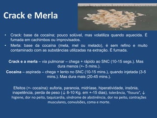 Crack e Merla
• Crack: base da cocaína; pouco solúvel, mas volatiliza quando aquecida. É
fumada em cachimbos ou improvisados.
• Merla: base da cocaína (mela, mel ou melado), é sem refino e muito
contaminado com as substâncias utilizadas na extração. É fumada.
Crack e a merla – via pulmonar – chega + rápido ao SNC (10-15 segs.). Mas
dura menos (+- 5 mins.).
Cocaína – aspirada – chega + lento no SNC (10-15 mins.), quando injetada (3-5
mins.). Mas dura mais (20-45 mins.).
Efeitos (+- cocaína): euforia, paranoia, midríase, hiperatividade, insônia,
inapetência, perda de peso (↓ 8-10 Kg. em +-15 dias), tolerância, “fissura”, ↓
higiene, dor no peito, taquicardia, síndrome de abstinência, dor no peito, contrações
musculares, convulsões, coma e morte.
 