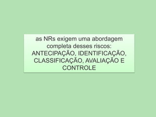 as NRs exigem uma abordagem
completa desses riscos:
ANTECIPAÇÃO, IDENTIFICAÇÃO,
CLASSIFICAÇÃO, AVALIAÇÃO E
CONTROLE

 