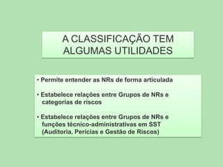 A CLASSIFICAÇÃO TEM
ALGUMAS UTILIDADES
• Permite entender as NRs de forma articulada
• Estabelece relações entre Grupos de NRs e
categorias de riscos
• Estabelece relações entre Grupos de NRs e
funções técnico-administrativas em SST
(Auditoria, Perícias e Gestão de Riscos)

 