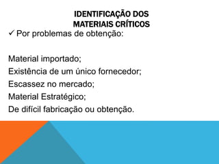 IDENTIFICAÇÃO DOS 
MATERIAIS CRÍTICOS 
 Por problemas de obtenção: 
Material importado; 
Existência de um único fornecedor; 
Escassez no mercado; 
Material Estratégico; 
De difícil fabricação ou obtenção. 
 