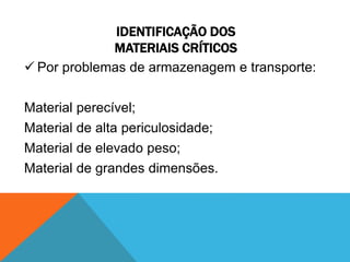 IDENTIFICAÇÃO DOS 
MATERIAIS CRÍTICOS 
 Por problemas de armazenagem e transporte: 
Material perecível; 
Material de alta periculosidade; 
Material de elevado peso; 
Material de grandes dimensões. 
 