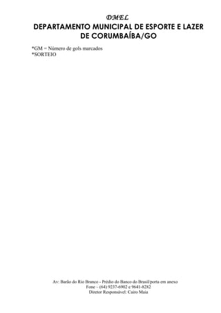 DMEL
DEPARTAMENTO MUNICIPAL DE ESPORTE E LAZER
DE CORUMBAÍBA/GO
*GM = Número de gols marcados
*SORTEIO
Av: Barão do Rio Branco - Prédio do Banco do Brasil/porta em anexo
Fone – (64) 9237-6902 e 9641-8282
Diretor Responsável: Cairo Maia
 