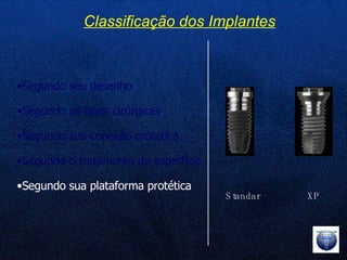 Segundo seu desenho Segundo as fases cirúrgicas Segundo sua conexão protética Segundo o tratamento de superfície Segundo sua plataforma protética Standar XP Classificação dos Implantes 