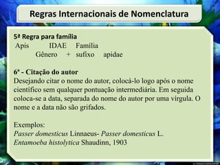 5ª Regra para família
Apis IDAE Família
Gênero + sufixo apidae
6ª - Citação do autor
Desejando citar o nome do autor, colocá-lo logo após o nome
científico sem qualquer pontuação intermediária. Em seguida
coloca-se a data, separada do nome do autor por uma vírgula. O
nome e a data não são grifados.
Exemplos:
Passer domesticus Linnaeus- Passer domesticus L.
Entamoeba histolytica Shaudinn, 1903
Regras Internacionais de Nomenclatura
 