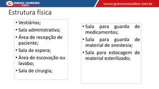 Estrutura física
• Vestiários;
• Sala administrativa;
• Área de recepção de
paciente;
• Sala de espera;
• Área de escovação ou
lavabo;
• Sala de cirurgia;
• Sala para guarda de
medicamentos;
• Sala para guarda de
material de anestesia;
• Sala para estocagem de
material esterilizado;
 