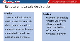 Estrutura física sala de cirurgia
Janelas
Deve estar localizadas de
modo a permitir a entrada
de luz natural em todo o
ambiente, deve ser lacrada
e provida de vidro fosco,
possibilitando a limpeza.
Portas
• Devem ser amplas;
• Portas vai e vem;
• Revestidas de
material lavável;
• Cor neutra;
• Providas de visor.
 
