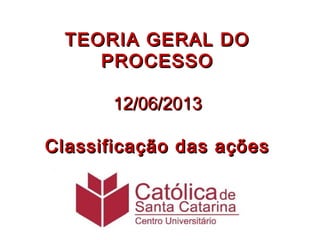 TEORIA GERAL DOTEORIA GERAL DO
PROCESSOPROCESSO
12/06/201312/06/2013
Classificação das açõesClassificação das ações
 
