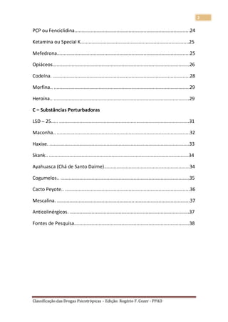 2


PCP ou Fenciclidina.....................................................................................24

Ketamina ou Special K................................................................................25

Mefedrona..................................................................................................25

Opiáceos.....................................................................................................26

Codeína. .....................................................................................................28

Morfina.. ....................................................................................................29

Heroína.. ....................................................................................................29

C – Substâncias Perturbadoras

LSD – 25..... ................................................................................................31

Maconha.. ..................................................................................................32

Haxixe. .......................................................................................................33

Skank.. .......................................................................................................34

Ayahuasca (Chá de Santo Daime)...............................................................34

Cogumelos.. ...............................................................................................35

Cacto Peyote.. ............................................................................................36

Mescalina. ..................................................................................................37

Anticolinérgicos. ........................................................................................37

Fontes de Pesquisa.....................................................................................38




Classificação das Drogas Psicotrópicas – Edição: Rogério F. Cozer - PPAD
 