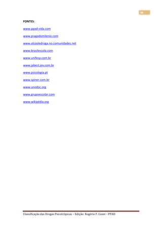 38

FONTES:

www.ppad-vida.com

www.pragadomilenio.com

www.alcooledroga.no.comunidades.net

www.brasilescola.com

www.unifesp.com.br

www.jabect.jex.com.br

www.psicologia.pt

www.spiner.com.br

www.unodoc.org

www.grupoescolar.com

www.wikipédia.org




Classificação das Drogas Psicotrópicas – Edição: Rogério F. Cozer - PPAD
 
