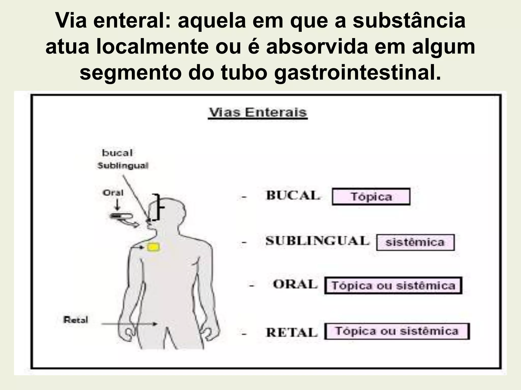 Via enteral: aquela em que a substância
atua localmente ou é absorvida em algum
segmento do tubo gastrointestinal.
 